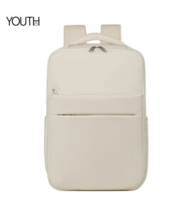 A front view photo for style#YT0016 of a beige backpack with laptop compartment
