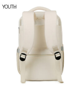 A back view photo for style#YT0016 of a beige backpack with laptop compartment