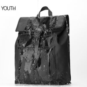 This is a view shows the water resistant phto for style# yt0019, a black rolling travel backpack