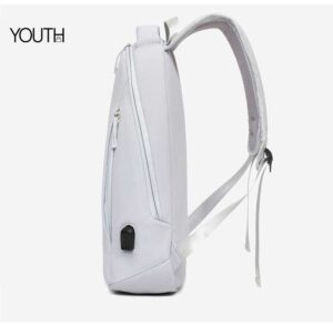 This is a side photo of a white laptop backpak for travel style#yt0045