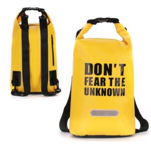 This is a front and back photo for a yellow waterproof backpack for hiking style#yt0052