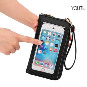 This is aphoto showing screen touching for a black phone bag for women style#yt0087