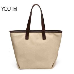 This is a positive photo for a beige canvas tote bag style#yt0099