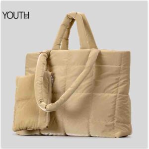 This is a microside photo for a yellow puffed tote bag for women style#yt0101