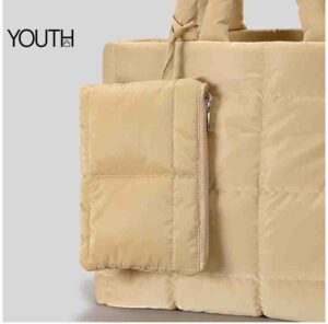 This is a detail photo for a yellow puffed tote bag with phone for women style#yt0101