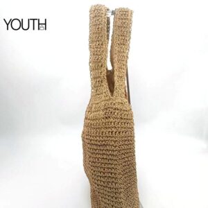 This is a side view photo for a brown crossbody straw bag style#yt0113