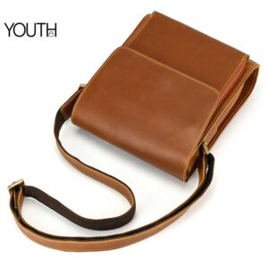 This is a top view photo for a brown leather messenger bag style#yt0124