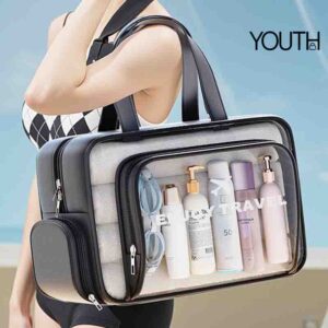 This is a situation photo for a travel makeup bag with compartments style#yt0188