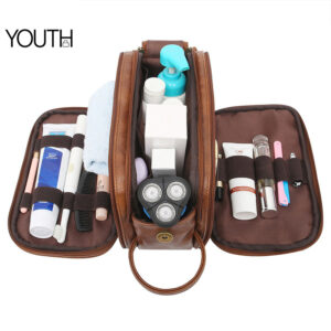 This is a open view photo for a Large brown toiletry bag for man style#yt0203