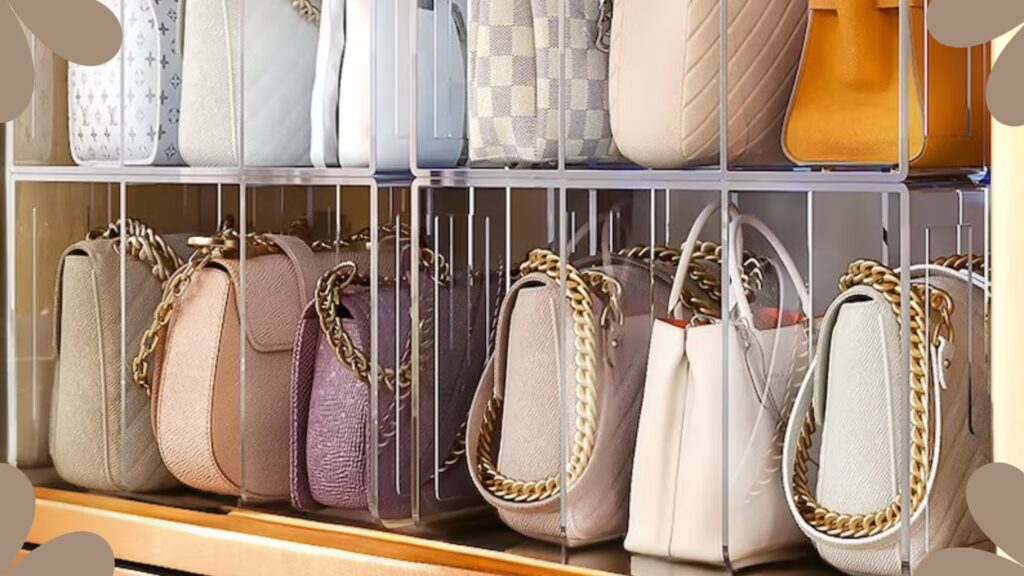 12 pieces different leather handbags in the shelf as bag collections