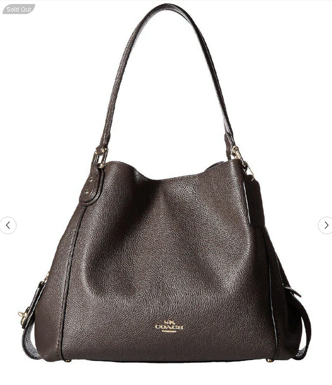 A front view of a dark brown coach edie leather shouder bags