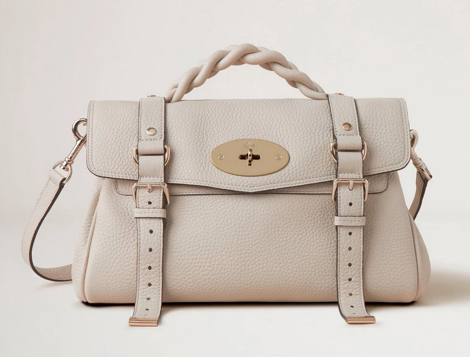 A front view of a beige leather mulberry alexa crossbody bags
