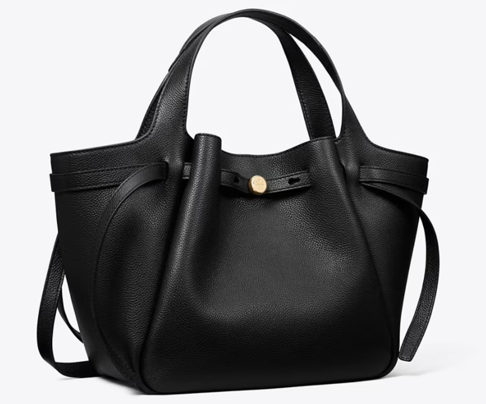 Front view of a black tory burch small romy tote